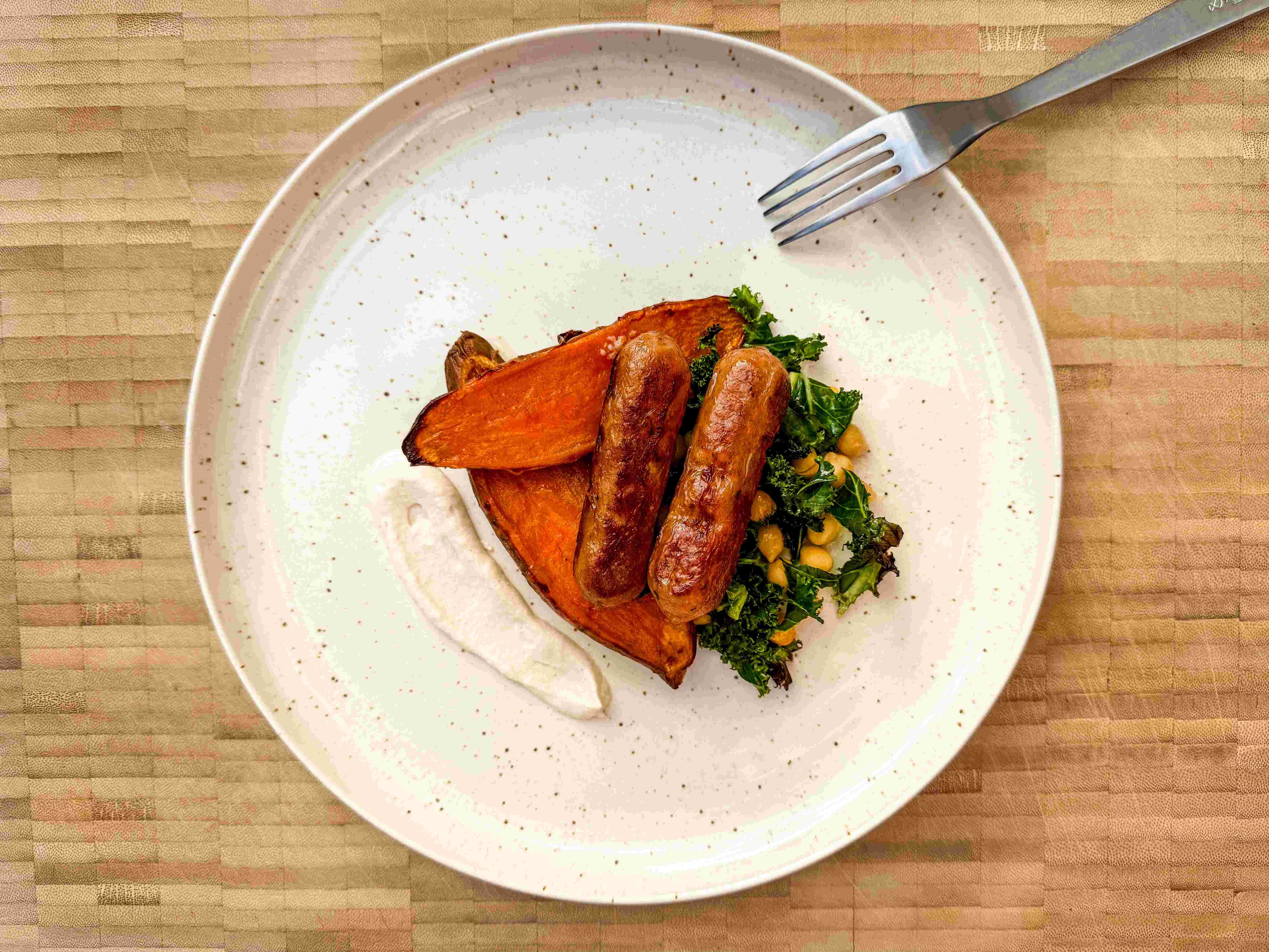 Sausages and Baked Sweet Potato made with THIS™ isn't Pork Sausages | THIS™